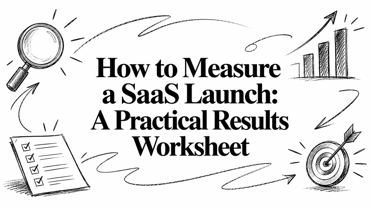 How to Measure a SaaS Launch: A Practical Results Worksheet, with hand-drawn measurement tools.