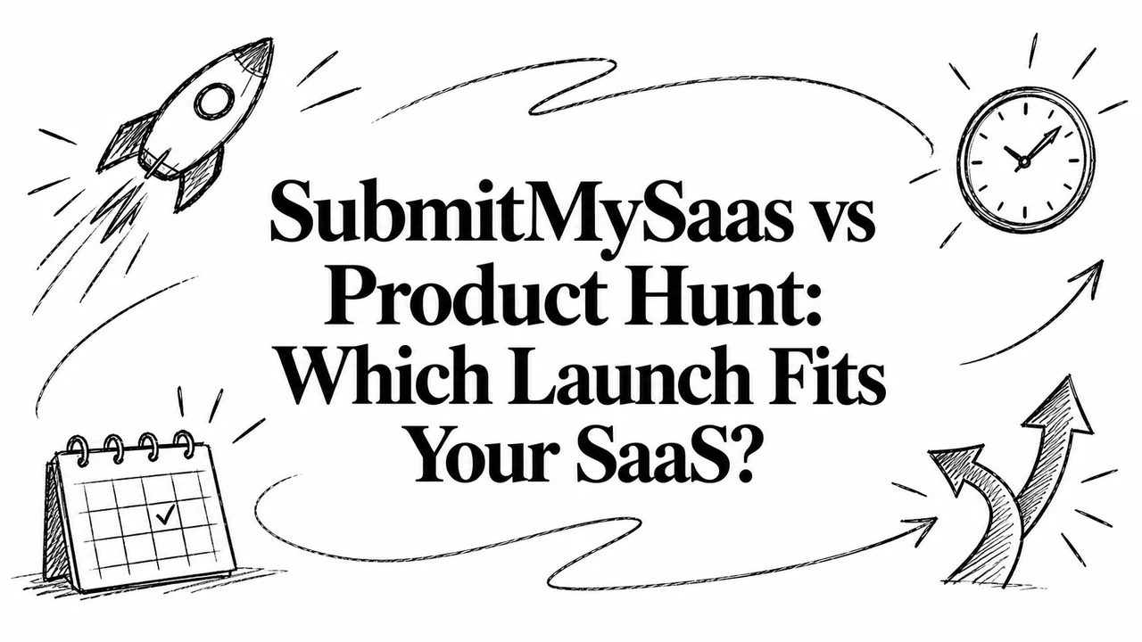 SubmitMySaas vs Product Hunt: Which Launch Fits Your SaaS? Black-and-white cover with a rocket, calendar and clock.