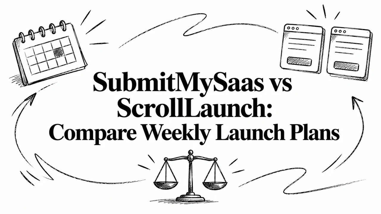 SubmitMySaas vs ScrollLaunch: Compare Weekly Launch Plans, with sketched app windows, a calendar and balance scale.